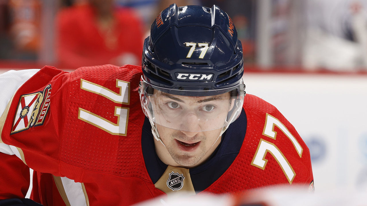 SUNRISE, FL - FEBRUARY 26: Frank Vatrano #77 of the Florida Panthers prepares for a face-off against the Edmonton Oilers at the FLA Live Arena on February 26, 2022 in Sunrise, Florida.