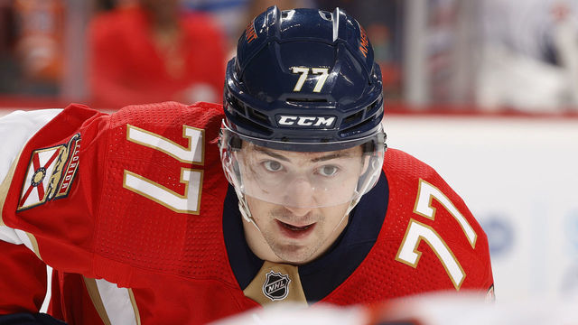 SUNRISE, FL - FEBRUARY 26: Frank Vatrano #77 of the Florida Panthers prepares for a face-off against the Edmonton Oilers at the FLA Live Arena on February 26, 2022 in Sunrise, Florida.