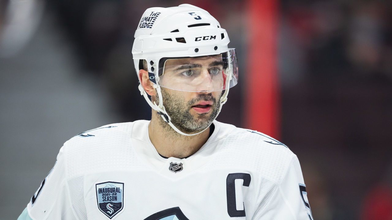 OTTAWA, ON - MARCH 10: Seattle Kraken Defenceman Mark Giordano (5) before a face-off during second period National Hockey League action between the Seattle Kraken and Ottawa Senators on March 10, 2022, at Canadian Tire Centre in Ottawa, ON, Canada.