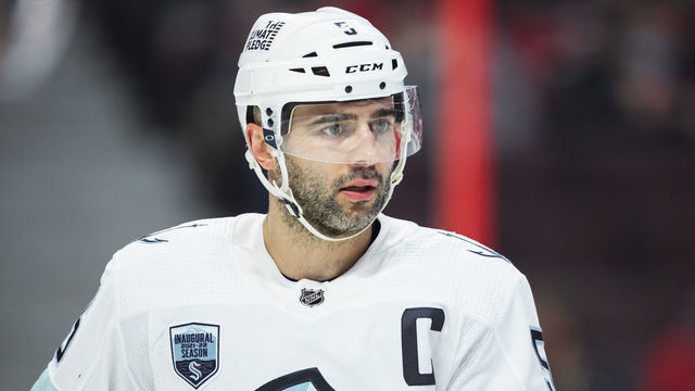 OTTAWA, ON - MARCH 10: Seattle Kraken Defenceman Mark Giordano (5) before a face-off during second period National Hockey League action between the Seattle Kraken and Ottawa Senators on March 10, 2022, at Canadian Tire Centre in Ottawa, ON, Canada.