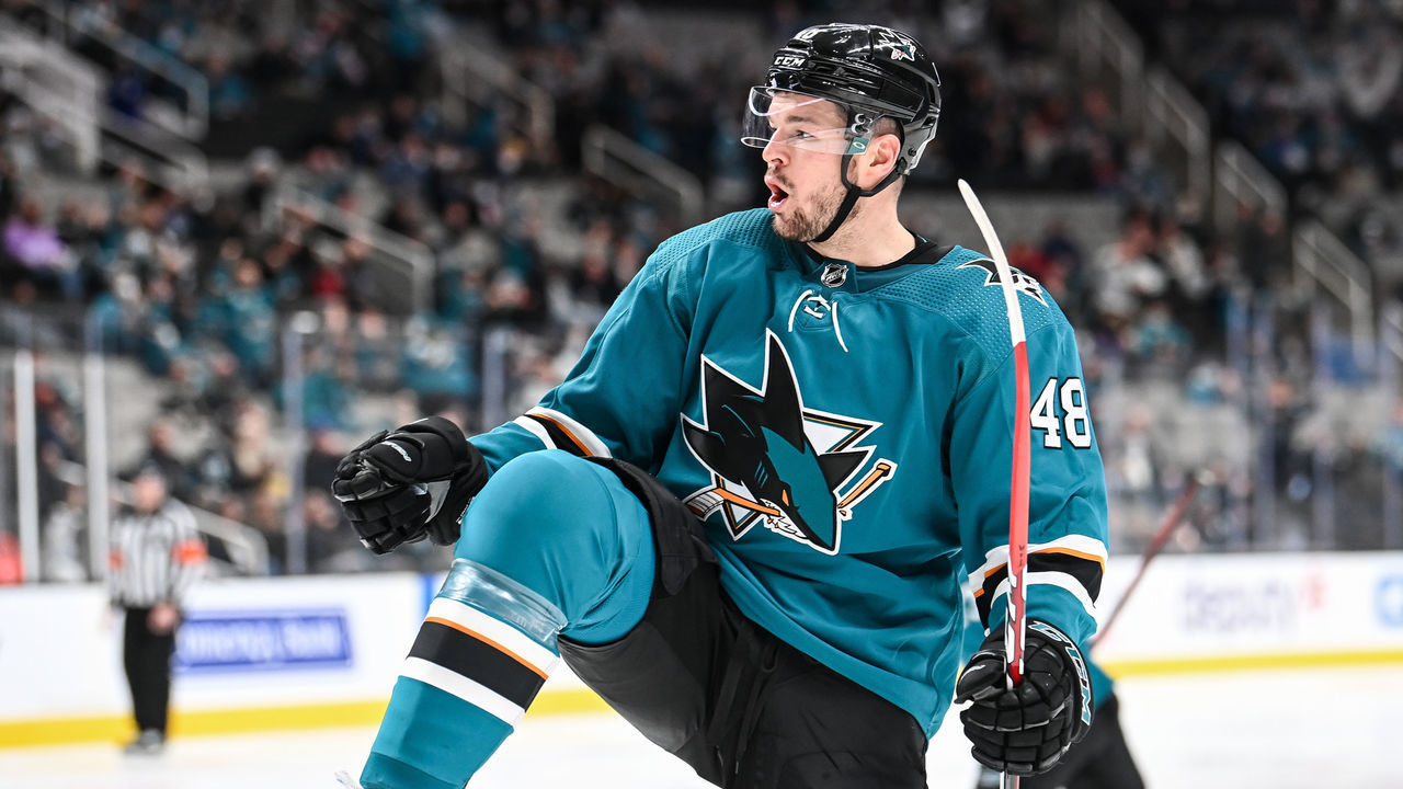 SAN JOSE, CA - DECEMBER 28: Tomas Hertl #48 of the San Jose Sharks celebrates scoring a goal against the Arizona Coyotes in a regular season game at SAP Center on December 28, 2021 in San Jose, California.