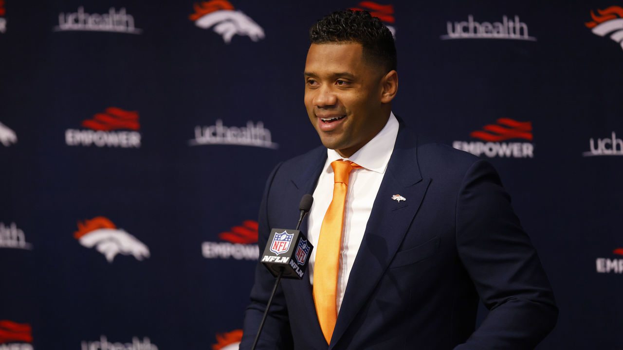 ENGLEWOOD, CO - MARCH 16: Quarterback Russell Wilson #3 of the Denver Broncos addresses the press at UCHealth Training Center on March 16, 2022 in Englewood, Colorado.