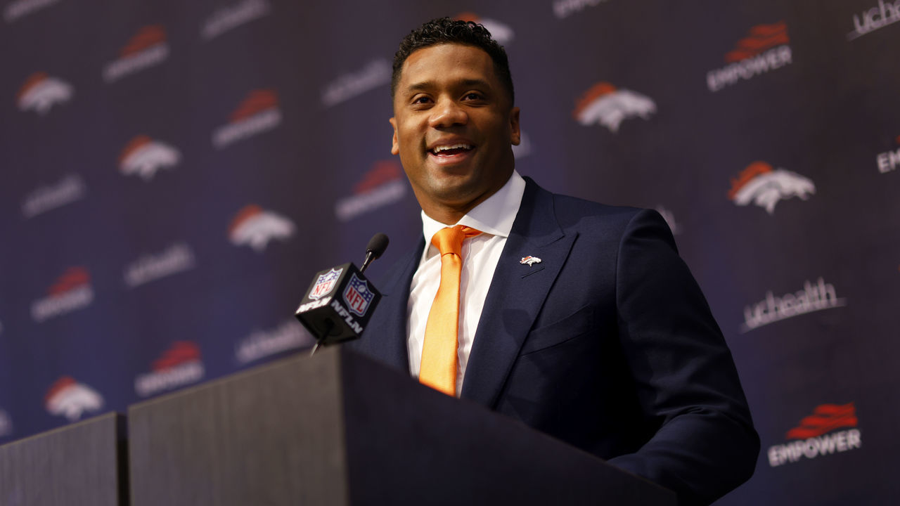 ENGLEWOOD, CO - MARCH 16: Quarterback Russell Wilson #3 of the Denver Broncos addresses the media at UCHealth Training Center on March 16, 2022 in Englewood, Colorado.