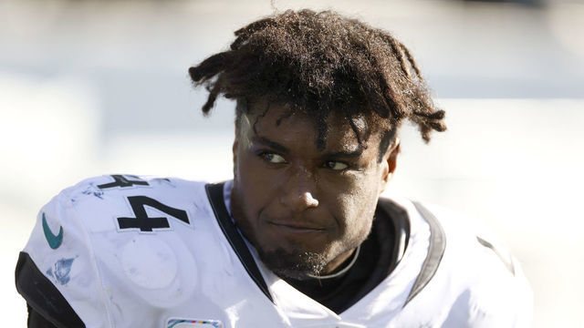 SEATTLE, WASHINGTON - OCTOBER 31: Myles Jack #44 of the Jacksonville Jaguars looks on during the second quarter against the Seattle Seahawks at Lumen Field on October 31, 2021 in Seattle, Washington.