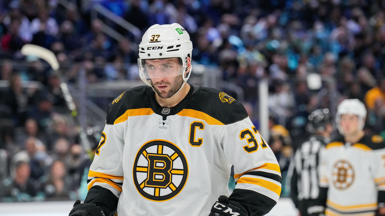SEATTLE, WASHINGTON - FEBRUARY 24: Patrice Bergeron #37 of the Boston Bruins prepares for a face-off during the second period of a game against the Seattle Kraken at Climate Pledge Arena on February 24, 2022 in Seattle, Washington.
