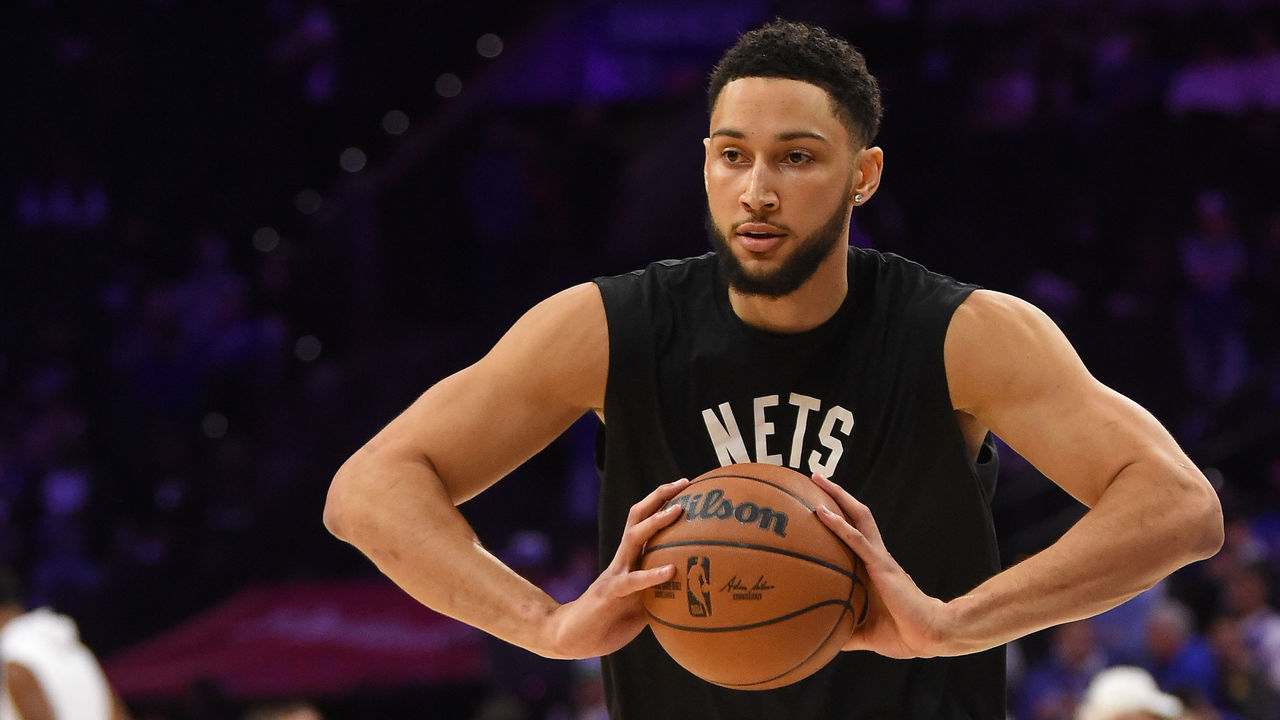 PHILADELPHIA, PA - MARCH 10: Ben Simmons #10 of the Brooklyn Nets warms up prior to the game against the Philadelphia 76ers on March 10, 2022 at the Wells Fargo Center in Philadelphia, Pennsylvania NOTE TO USER: User expressly acknowledges and agrees that, by downloading and/or using this Photograph, user is consenting to the terms and conditions of the Getty Images License Agreement. Mandatory Copyright Notice: Copyright 2022 NBAE