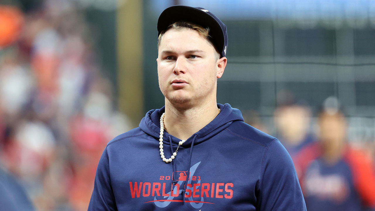 HOUSTON, TEXAS - OCTOBER 27: Joc Pederson #22 of the Atlanta Braves looks on prior to Game Two of the World Series against the Houston Astros at Minute Maid Park on October 27, 2021 in Houston, Texas.
