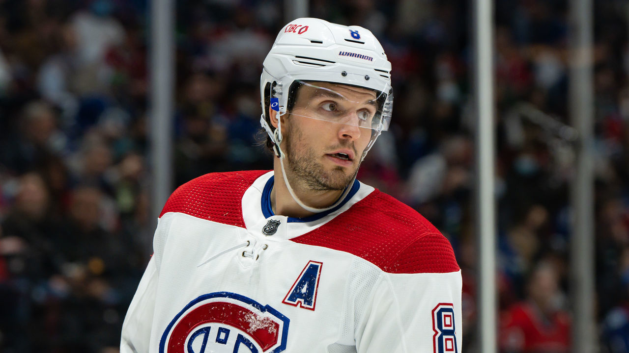 VANCOUVER, BC - MARCH 09: Montreal Canadiens defenseman Ben Chiarot (8) waits for a face-off during their NHL game against the Vancouver Canucks at Rogers Arena on March 9, 2022 in Vancouver, British Columbia, Canada.