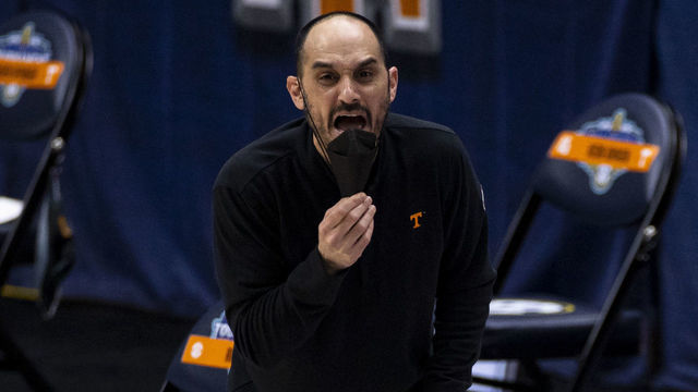 NASHVILLE, TN - MARCH 12: Associate head coach Michael Schwartz of the Tennessee Volunteers instructs his players against the Florida Gators during the second half of their quarterfinal game in the SEC Men's Basketball Tournament at Bridgestone Arena on March 12, 2021 in Nashville, Tennessee. Tennessee defeats Florida 78-66.