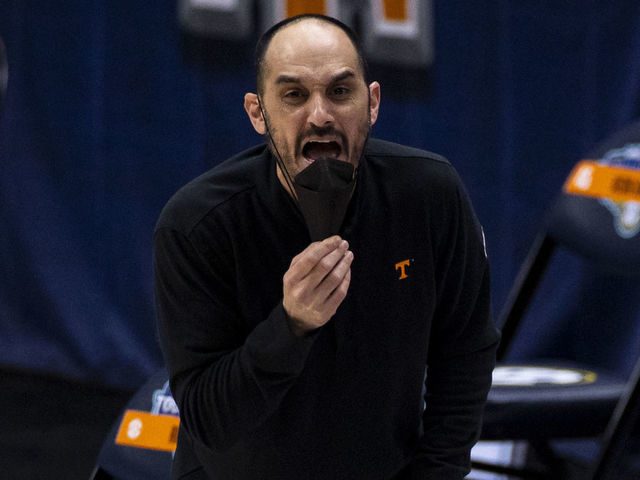 NASHVILLE, TN - MARCH 12: Associate head coach Michael Schwartz of the Tennessee Volunteers instructs his players against the Florida Gators during the second half of their quarterfinal game in the SEC Men's Basketball Tournament at Bridgestone Arena on March 12, 2021 in Nashville, Tennessee. Tennessee defeats Florida 78-66.