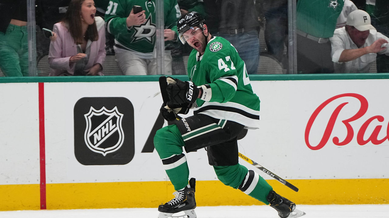 DALLAS, TX - MARCH 2: Alexander Radulov #47 of the Dallas Stars celebrates a goal against the Los Angeles Kings at the American Airlines Center on March 2, 2022 in Dallas, Texas.