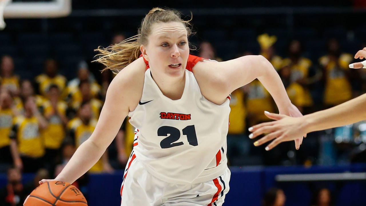 DAYTON, OH - MARCH 08: Dayton Flyers guard Erin Whalen (21) drives to the basket against VCU Rams guard Tera Reed (24) during the Atlantic 10 Conference tournament championship game between the VCU Rams and the Dayton Flyers on March 8, 2020 at UD Arena in Dayton, Ohio.