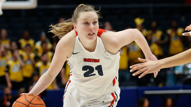 DAYTON, OH - MARCH 08: Dayton Flyers guard Erin Whalen (21) drives to the basket against VCU Rams guard Tera Reed (24) during the Atlantic 10 Conference tournament championship game between the VCU Rams and the Dayton Flyers on March 8, 2020 at UD Arena in Dayton, Ohio.