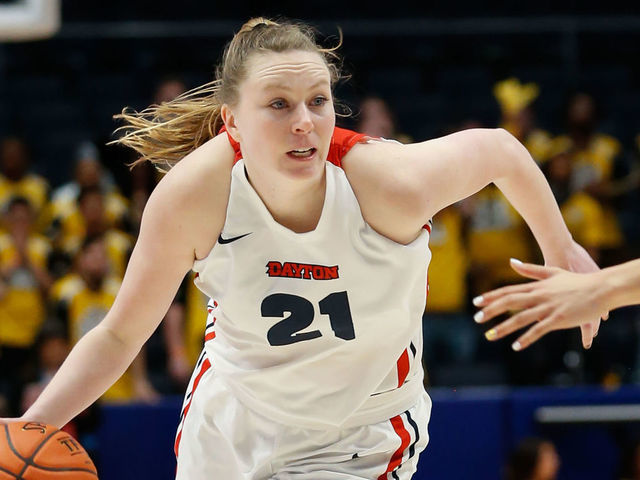 DAYTON, OH - MARCH 08: Dayton Flyers guard Erin Whalen (21) drives to the basket against VCU Rams guard Tera Reed (24) during the Atlantic 10 Conference tournament championship game between the VCU Rams and the Dayton Flyers on March 8, 2020 at UD Arena in Dayton, Ohio.