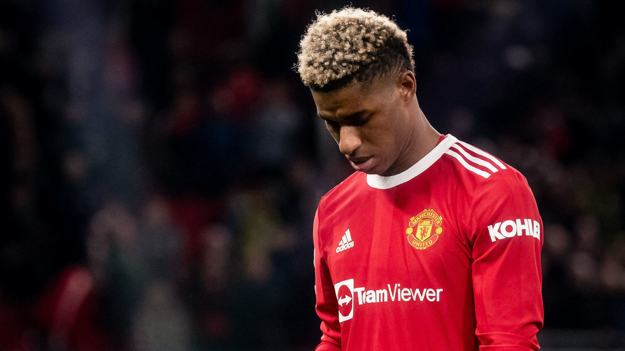 MANCHESTER, ENGLAND - MARCH 15: Marcus Rashford of Manchester United reacts at the end of the UEFA Champions League Round Of Sixteen Leg Two match between Manchester United and Atletico Madrid at Old Trafford on March 15, 2022 in Manchester, United Kingdom.