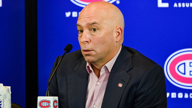 MONTREAL, QC - FEBRUARY 10: Montreal Canadiens general manager Kent Hughes addresses the media on February 10, 2022, at Bell Sports Complex in Brossard, QC