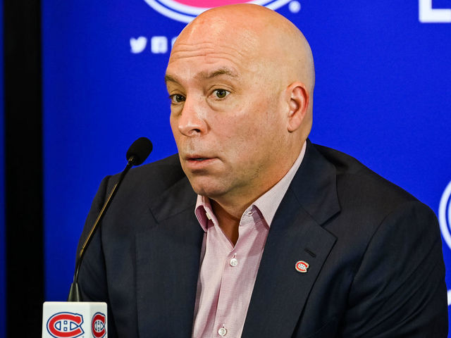 MONTREAL, QC - FEBRUARY 10: Montreal Canadiens general manager Kent Hughes addresses the media on February 10, 2022, at Bell Sports Complex in Brossard, QC