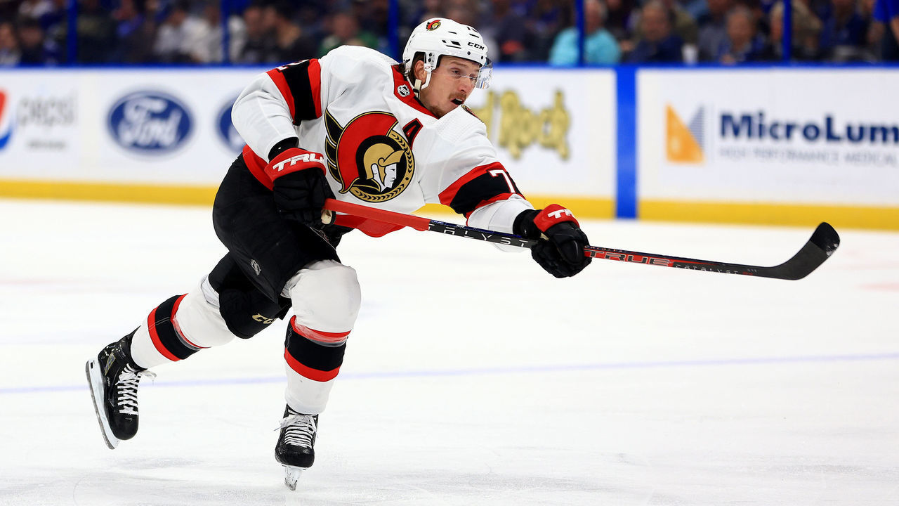 TAMPA, FLORIDA - MARCH 01: Thomas Chabot #72 of the Ottawa Senators shoots during a game against the Tampa Bay Lightning at Amalie Arena on March 01, 2022 in Tampa, Florida.
