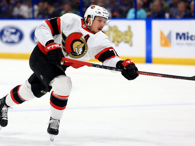 TAMPA, FLORIDA - MARCH 01: Thomas Chabot #72 of the Ottawa Senators shoots during a game against the Tampa Bay Lightning at Amalie Arena on March 01, 2022 in Tampa, Florida.