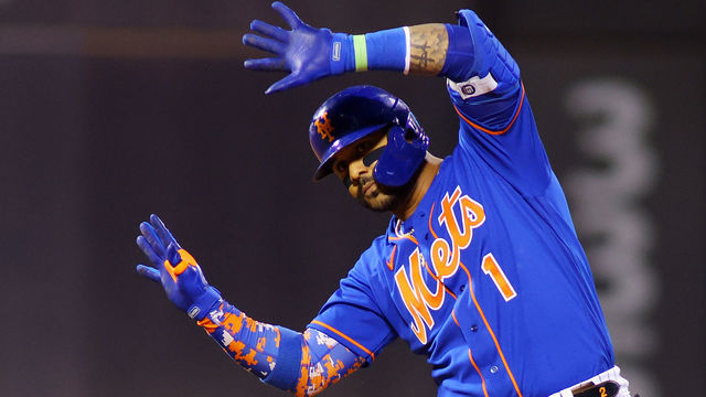 NEW YORK, NEW YORK - SEPTEMBER 30: Jonathan Villar #1 of the New York Mets celebrates after hitting a RBI single in the bottom of the fourth inning against the Miami Marlins at Citi Field on September 30, 2021 in New York City.