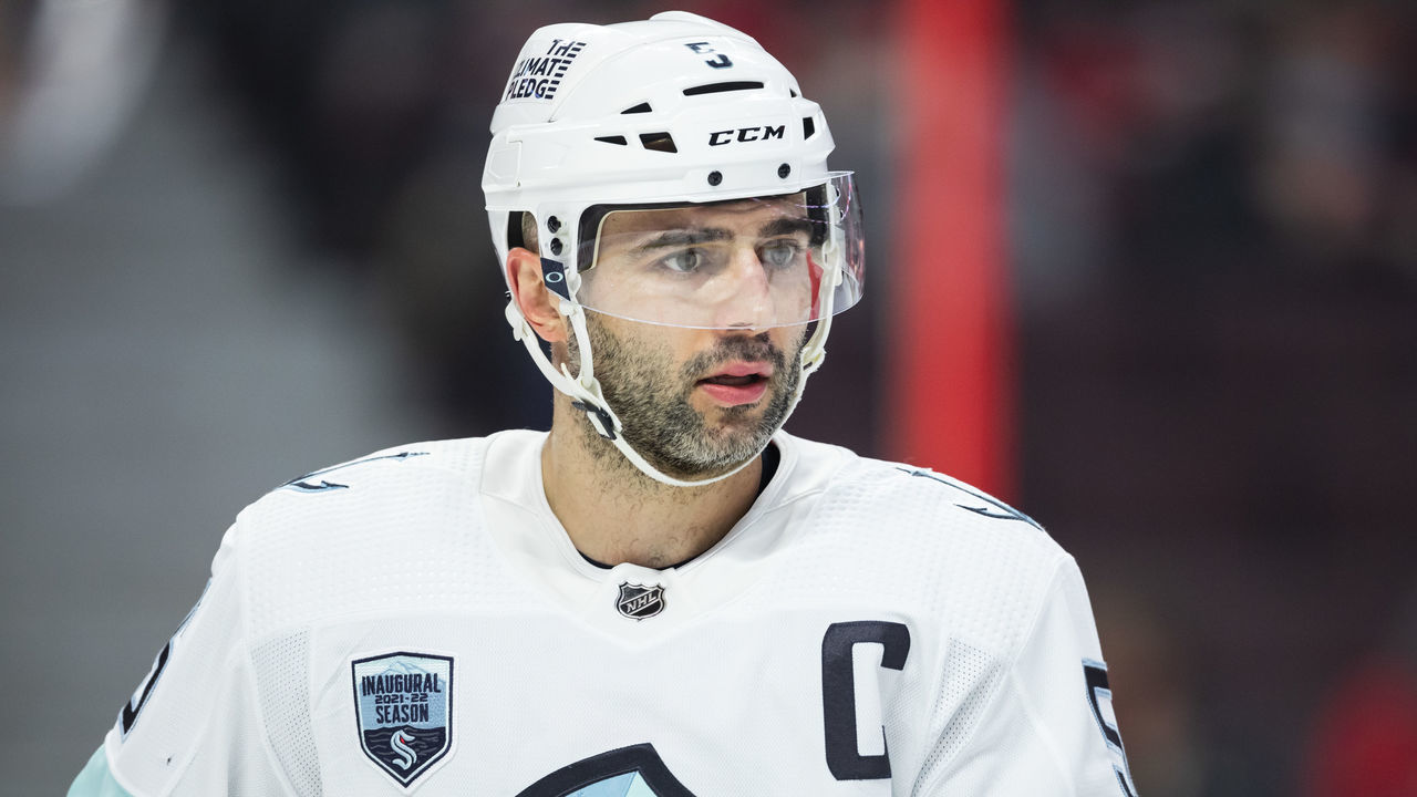 OTTAWA, ON - MARCH 10: Seattle Kraken Defenceman Mark Giordano (5) before a face-off during second period National Hockey League action between the Seattle Kraken and Ottawa Senators on March 10, 2022, at Canadian Tire Centre in Ottawa, ON, Canada.