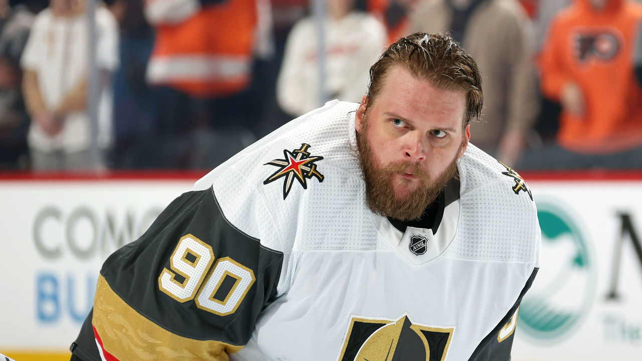 PHILADELPHIA, PA - MARCH 08: Robin Lehner #90 of the Vegas Golden Knights looks on prior to the National Anthem against the Philadelphia Flyers at the Wells Fargo Center on March 8, 2022 in Philadelphia, Pennsylvania.