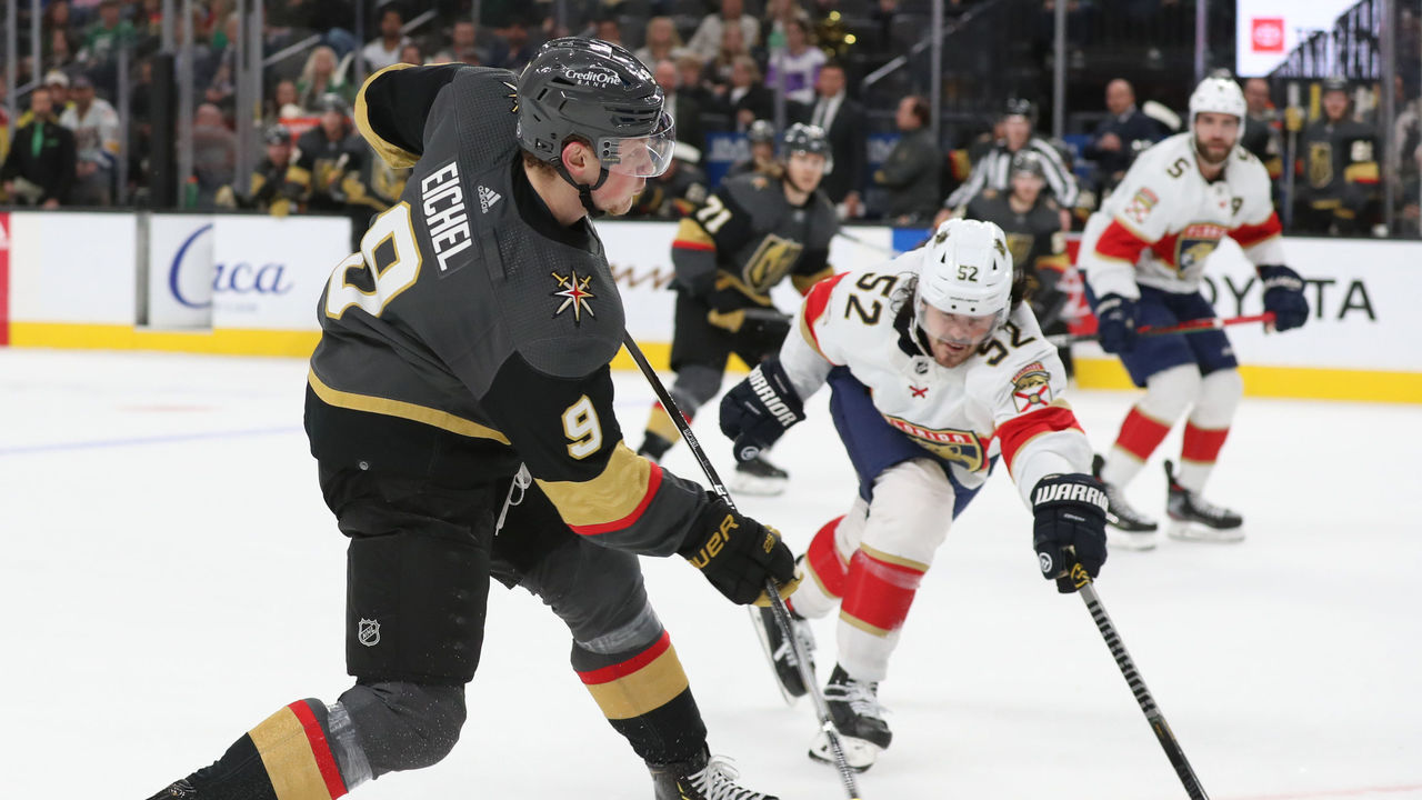 LAS VEGAS, NEVADA - MARCH 17: Jack Eichel #9 of the Vegas Golden Knights shoots the puck during the second period against the Florida Panthers at T-Mobile Arena on March 17, 2022 in Las Vegas, Nevada.