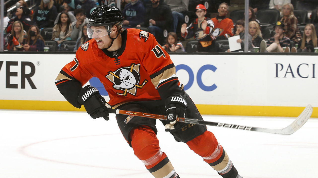 ANAHEIM, CA - FEBRUARY 11: Hampus Lindholm #47 of the Anaheim Ducks skates during the game against the Seattle Kraken at Honda Center on February 11, 2022 in Anaheim, California.