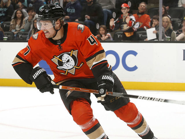 ANAHEIM, CA - FEBRUARY 11: Hampus Lindholm #47 of the Anaheim Ducks skates during the game against the Seattle Kraken at Honda Center on February 11, 2022 in Anaheim, California.