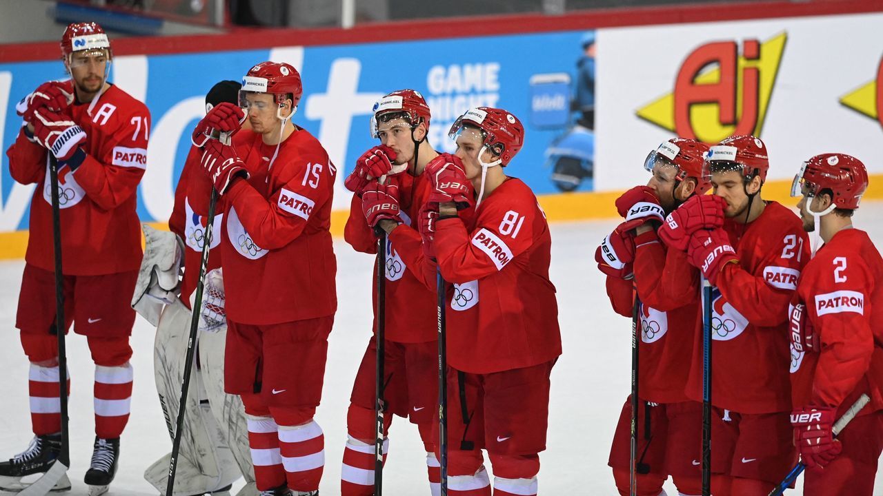 Russia's players react after the IIHF Men's Ice Hockey World Championships quarter final match between Russia and Canada, at the Olympic Sports Center in Riga, Latvia, on June 3, 2021.