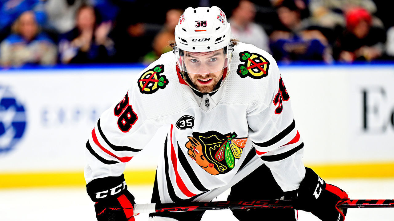 ST. LOUIS, MO - FEBRUARY 12: Chicago Blackhawks left wing Brandon Hagel (38) during a NHL game between the Chicago Blackhawks and the St. Louis Blues on February 12, 2022, at Enterprise Center, St. Louis, MO. ,