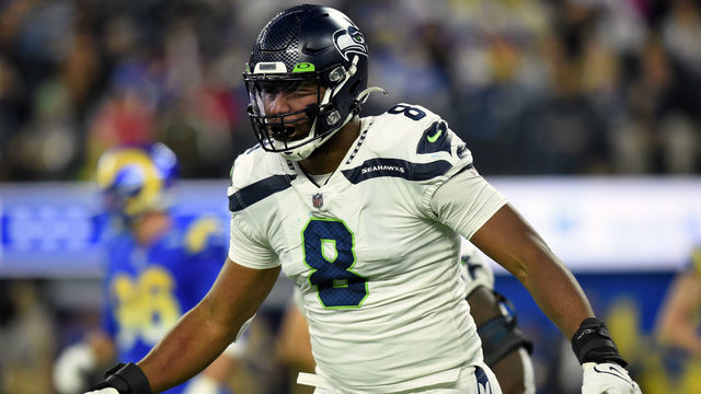 INGLEWOOD, CA - DECEMBER 21: Seattle Seahawks Defensive End Carlos Dunlap (8) celebrates after making a sack during an NFL game between the Seattle Seahawks and the Los Angeles Rams on December 21, 2021, at SoFi Stadium in Los Angeles, CA.