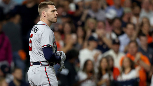 HOUSTON, TEXAS - NOVEMBER 02: Freddie Freeman #5 of the Atlanta Braves reacts after striking out against the Houston Astros during the first inning in Game Six of the World Series at Minute Maid Park on November 02, 2021 in Houston, Texas.