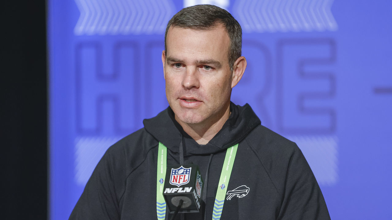 INDIANAPOLIS, IN - MAR 01: Brandon Beane, general manager of the Buffalo Bills speaks to reporters during the NFL Draft Combine at the Indiana Convention Center on March 1, 2022 in Indianapolis, Indiana.