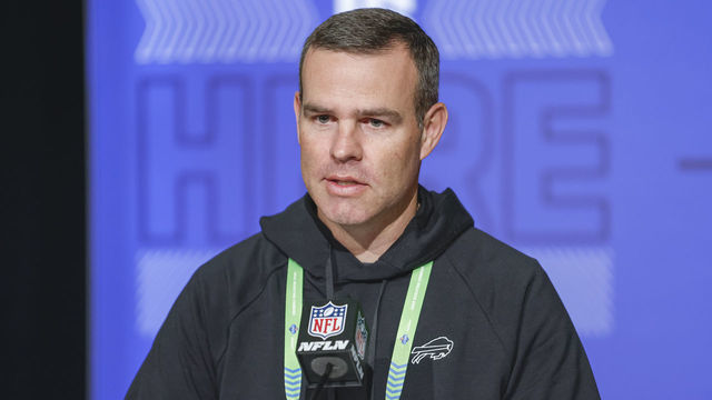 INDIANAPOLIS, IN - MAR 01: Brandon Beane, general manager of the Buffalo Bills speaks to reporters during the NFL Draft Combine at the Indiana Convention Center on March 1, 2022 in Indianapolis, Indiana.