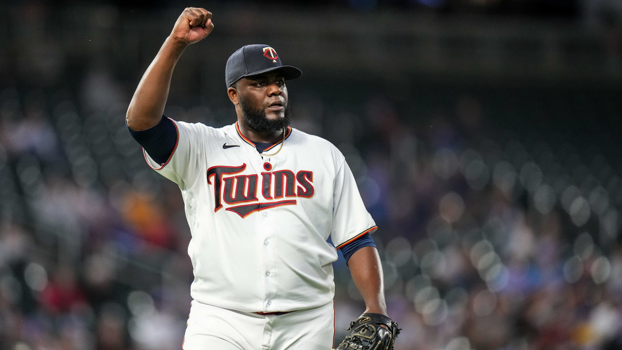 MINNEAPOLIS, MN - SEPTEMBER 23: Michael Pineda #35 of the Minnesota Twins celebrates against the Toronto Blue Jays on September 23, 2021 at Target Field in Minneapolis, Minnesota.