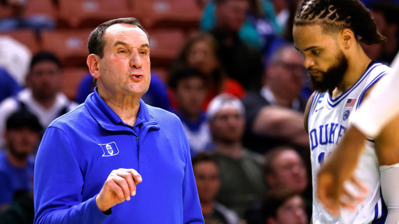 GREENVILLE, SC - MARCH 18: Head coach Mike Krzyzewski of the Duke Blue Devils directs his team against the CSU Fullerton Titans during the second half in the first round game of the 2022 NCAA Men's Basketball Tournament at Bon Secours Wellness Arena on March 18, 2022 in Greenville, South Carolina.