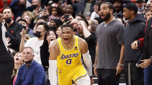 TORONTO, ON - MARCH 18: Russell Westbrook #0 of the Los Angeles Lakers celebrates a game-tying basket to send the game into overtime during the second half of their NBA game against the Toronto Raptors at Scotiabank Arena on March 18, 2022 in Toronto, Canada.