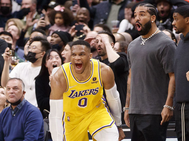 TORONTO, ON - MARCH 18: Russell Westbrook #0 of the Los Angeles Lakers celebrates a game-tying basket to send the game into overtime during the second half of their NBA game against the Toronto Raptors at Scotiabank Arena on March 18, 2022 in Toronto, Canada.