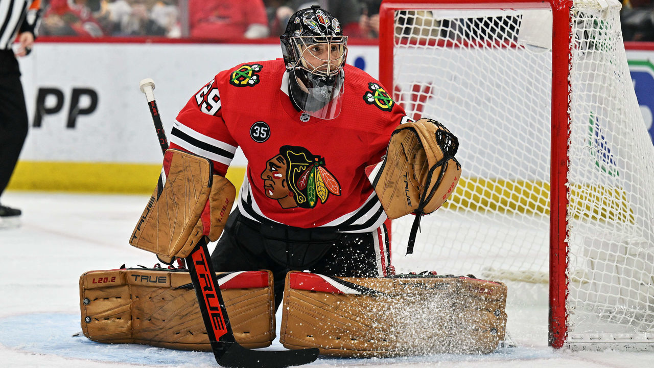 CHICAGO, ILLINOIS - MARCH 15: Goaltender Marc-Andre Fleury #29 of the Chicago Blackhawks defends the net against the Boston Bruins on March 15, 2022 at the United Center in Chicago, Illinois.