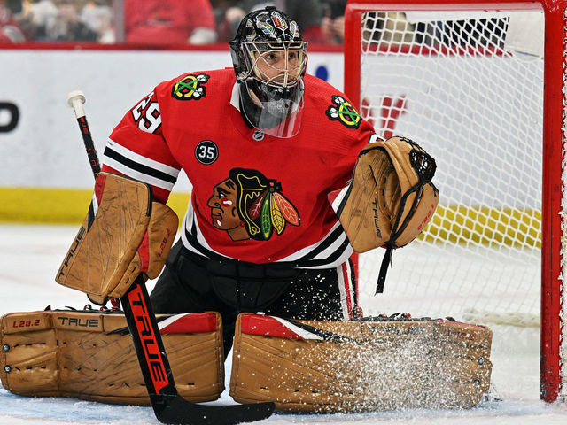 CHICAGO, ILLINOIS - MARCH 15: Goaltender Marc-Andre Fleury #29 of the Chicago Blackhawks defends the net against the Boston Bruins on March 15, 2022 at the United Center in Chicago, Illinois.
