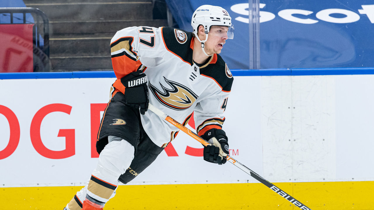 TORONTO, ON - JANUARY 26: Anaheim Ducks Defenceman Hampus Lindholm (47) skates with the puck during the NHL regular season game between the Anaheim Ducks and the Toronto Maple Leafs on January 26, 2022, at Scotiabank Arena in Toronto, ON, Canada.