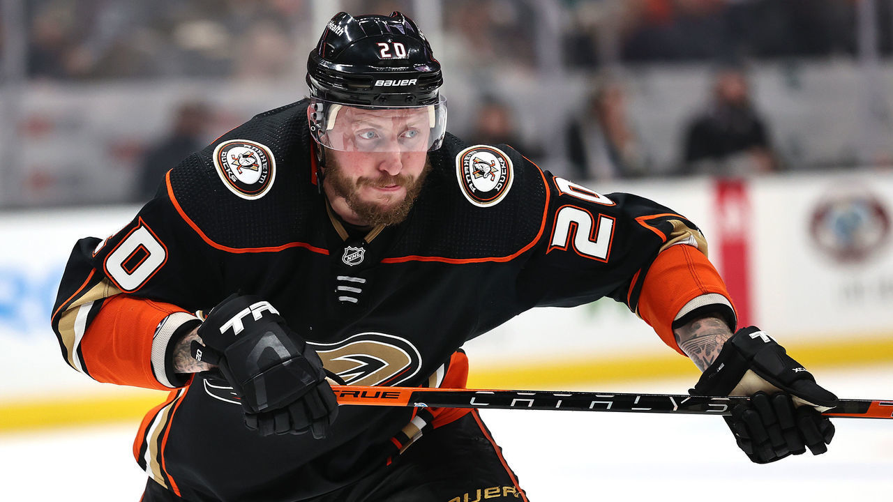 ANAHEIM, CALIFORNIA - NOVEMBER 18: Nicolas Deslauriers #20 of the Anaheim Ducks skates to the puck during the third period of a game at Honda Center on November 18, 2021 in Anaheim, California.