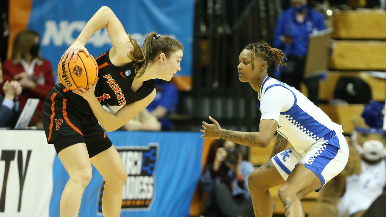 BLOOMINGTON, IN - MARCH 19: Tiger Abby Meyers is guarded by Kentucky player Jazmine Massengill during her play during the first round of the 2022 NCAA Women's Basketball Tournament held at Simon Skjodt Assembly Hall on March 19, 2022 in Bloomington, Indiana.