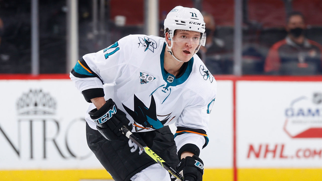 GLENDALE, ARIZONA - MARCH 27: Nikolai Knyzhov #71 of the San Jose Sharks skates with the puck against the Arizona Coyotes during the NHL game at Gila River Arena on March 27, 2021 in Glendale, Arizona. The Coyotes defeated the Sharks 4-0.