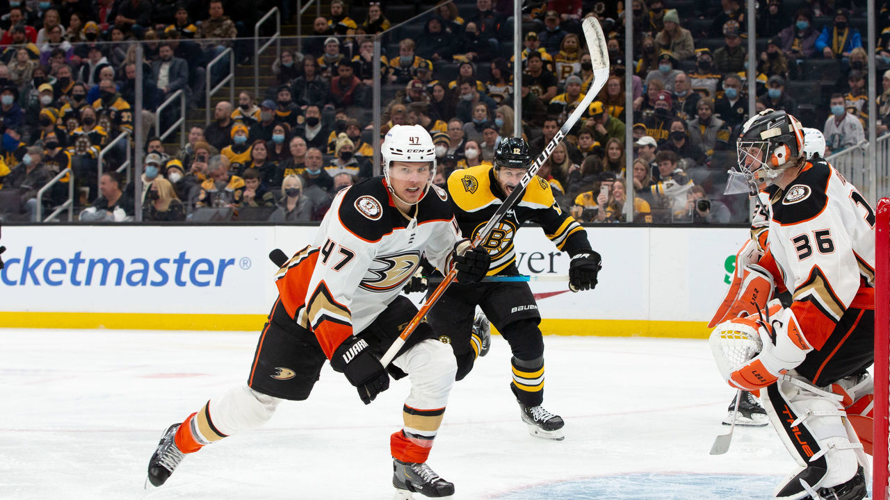 BOSTON, MA - JANUARY 24: Hampus Lindholm #47 of the Anaheim Ducks skates against the Boston Bruins during the third period at the TD Garden on January 24, 2022 in Boston, Massachusetts. The Ducks won 5-3.