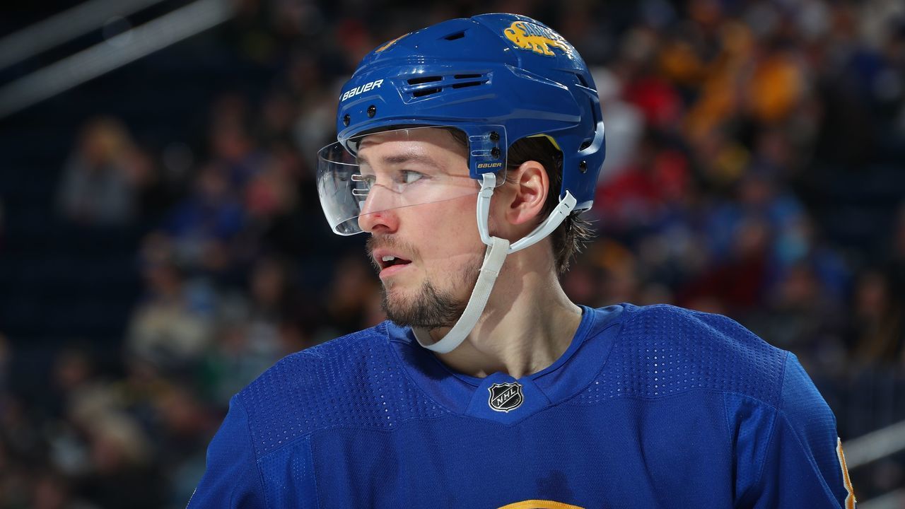 BUFFALO, NY - JANUARY 20: Robert Hagg #8 of the Buffalo Sabres prepares for a faceoff against the Dallas Stars during an NHL game on January 20, 2022 at KeyBank Center in Buffalo, New York.