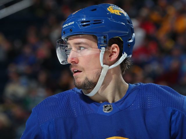 BUFFALO, NY - JANUARY 20: Robert Hagg #8 of the Buffalo Sabres prepares for a faceoff against the Dallas Stars during an NHL game on January 20, 2022 at KeyBank Center in Buffalo, New York.