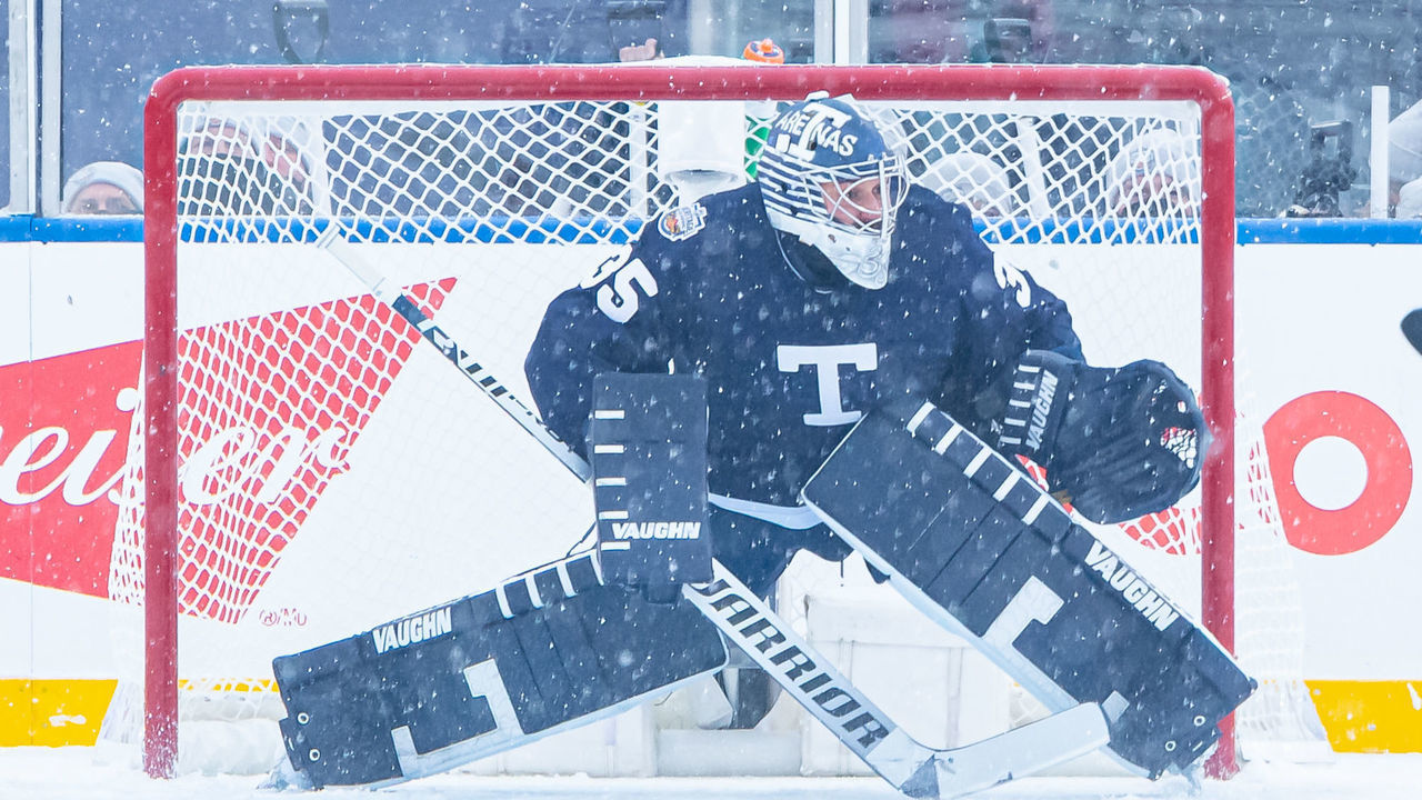 HAMILTON, ON - MARCH 13: Toronto Maple Leafs Goalie Petr Mrazek (35) tends the net during the NHL Heritage Classic game between the Toronto Maple Leafs and the Buffalo Sabres on March 13, 2022, at Tim Hortons Field in Hamilton, ON, Canada.