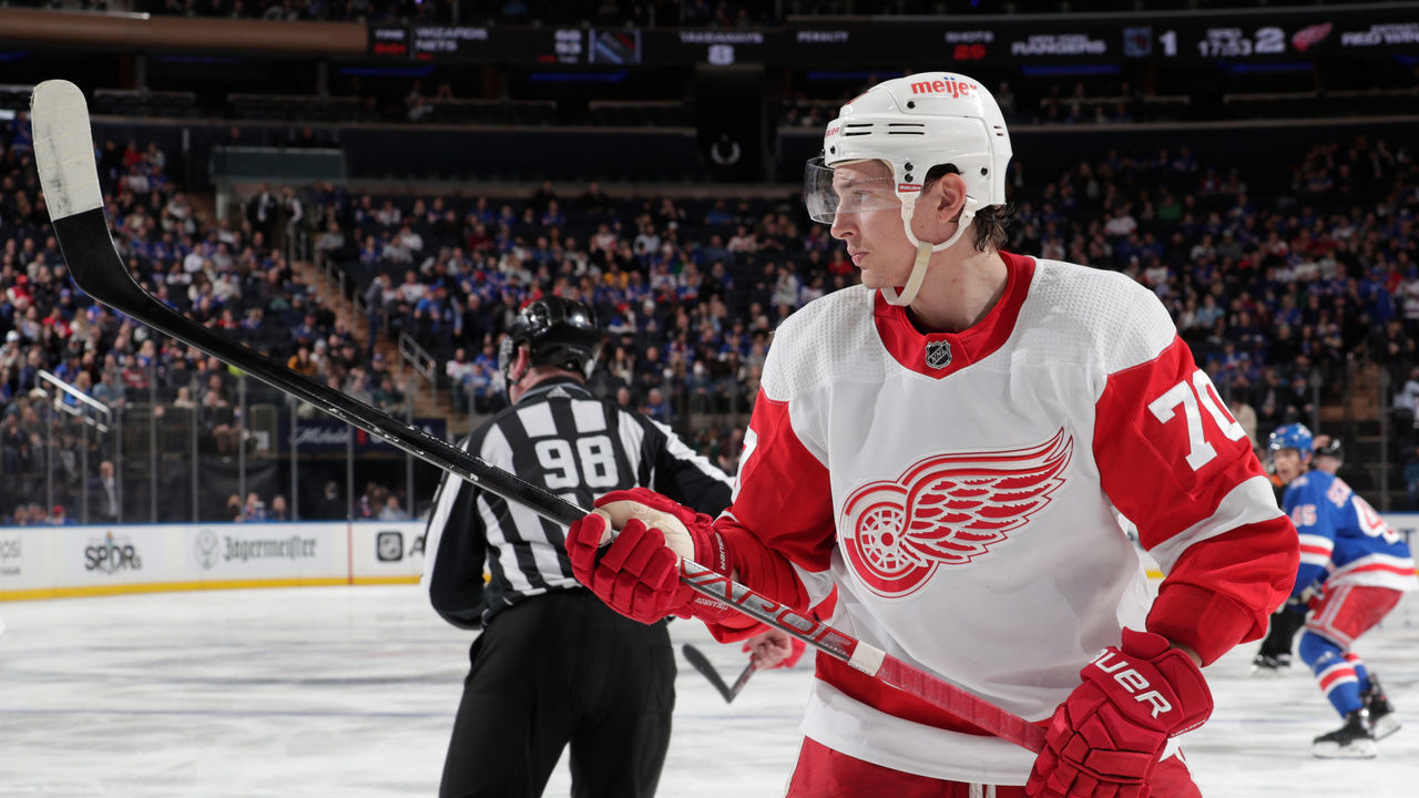 NEW YORK, NY - FEBRUARY 17: Troy Stecher #70 of the Detroit Red Wings skates against the New York Rangers at Madison Square Garden on February 17, 2022 in New York City.